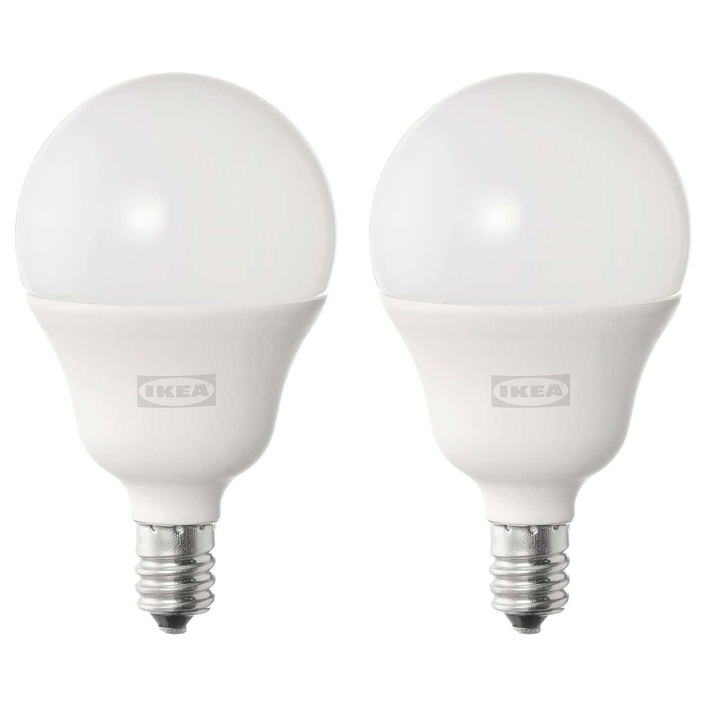Two white ikea SOLHETTA bulbs side by side, round shape, aluminum base, smooth design.