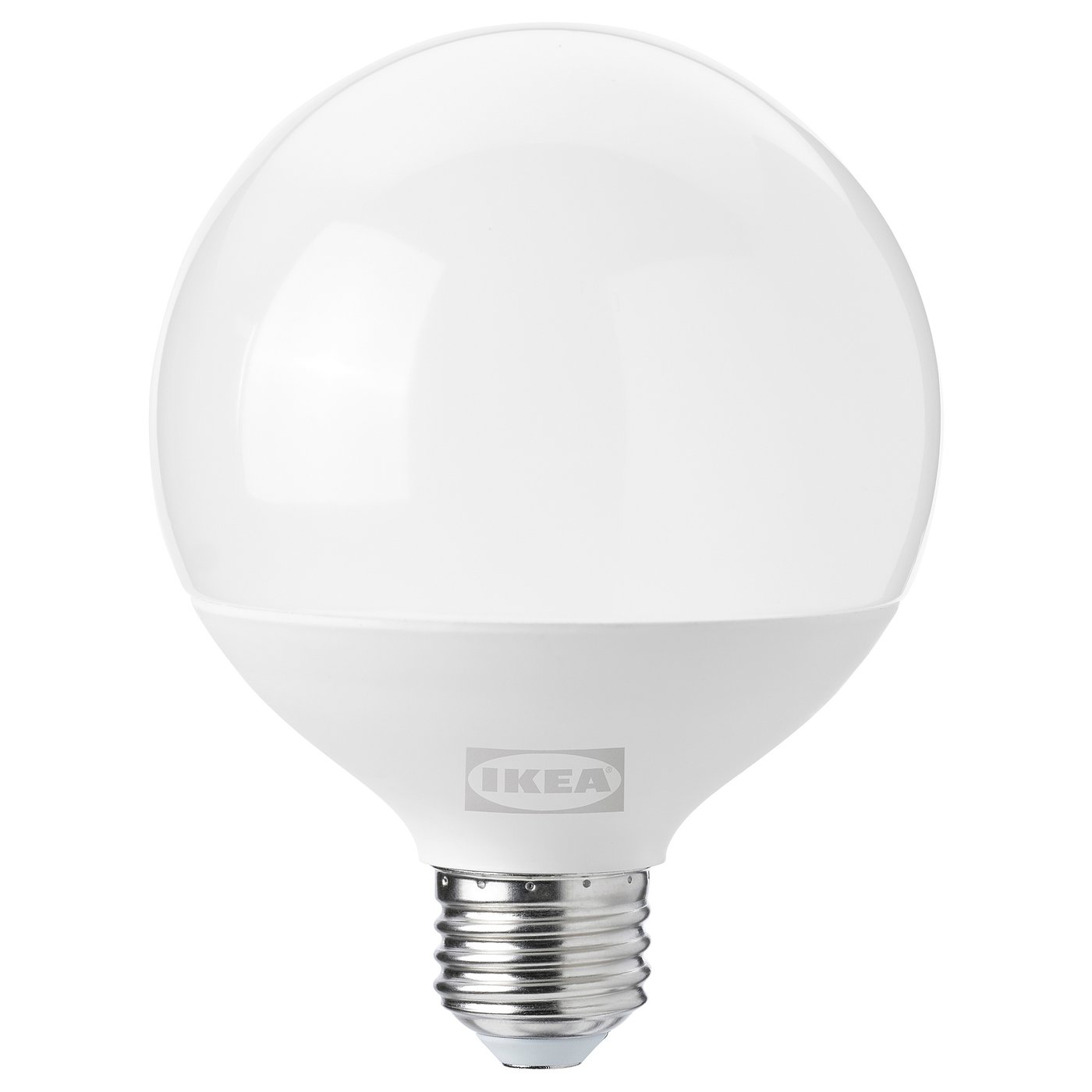 IKEAs SOLHETTA led bulb, white, spherical shape, durable plastic. Energy-efficient, dimmable, warm-white light.