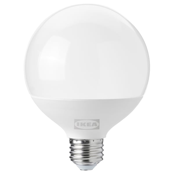 IKEAs SOLHETTA led bulb, white, spherical shape, durable plastic. Energy-efficient, dimmable, warm-white light.