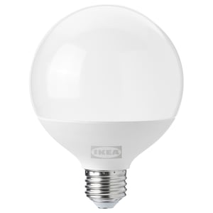 IKEAs SOLHETTA led bulb, white, spherical shape, durable plastic. Energy-efficient, dimmable, warm-white light.