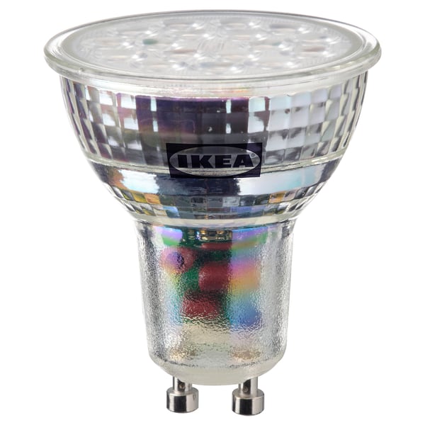 IKEAs SOLHETTA led light bulb is a warm-white, energy-efficient, dimmable globe-shaped bulb with a glass cover, lasting 25,000 hours.
