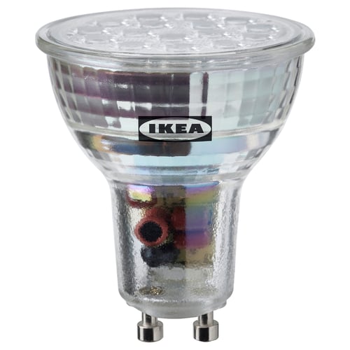 Ikea SOLHETTA led light bulb, warm-white, round shape, clear plastic cover.