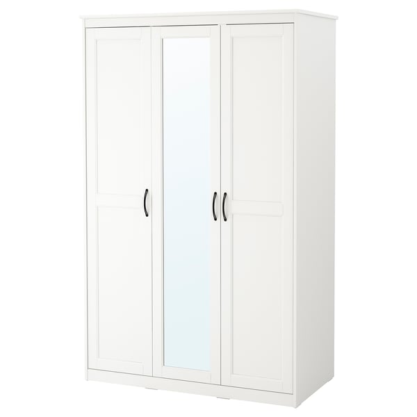 A white SONGESAND wardrobe with mirrored doors, black handles, and panel design.