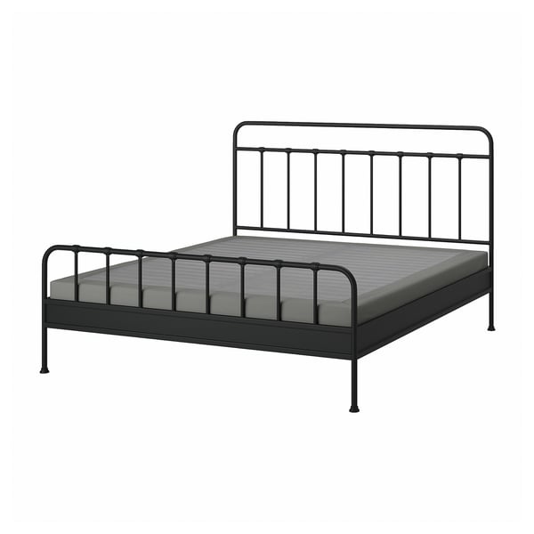 Black metal bed frame with grey mattress. Modern design, raised head and footboard.