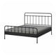 Black metal bed frame with grey mattress. Modern design, raised head and footboard.
