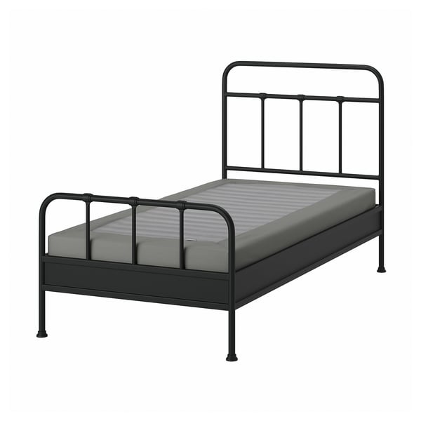 Black metal bed frame with grey mattress.
