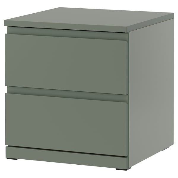 Modern green STORKLINTA bedside table with 2 smooth drawers.