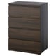 A tall, dark wooden chest of drawers featuring four spacious drawers, a modern design with horizontal lines, and integrated handles for easy access.