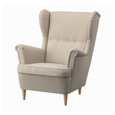 STRANDMON armchair, grey, upholstered, wingback, wooden legs, cosy, traditional yet modern.