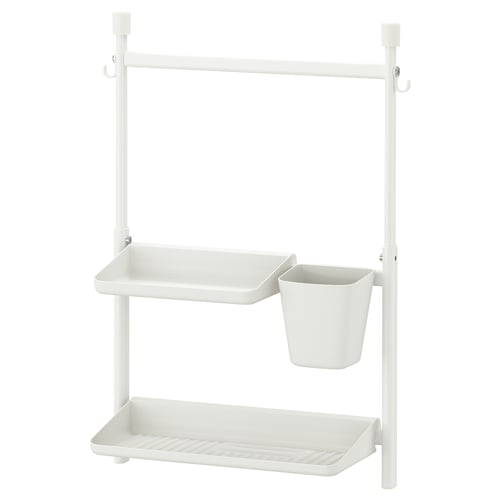 A white SUNNERSTA shelving unit with a hanging container, ideal for storage in high humidity areas.