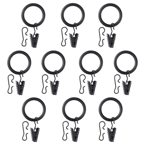 Black SYRLIG curtain ring set, 12 pieces with clips or hooks, abs plastic and steel, circular shape, versatile design.