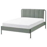 Modern bed with grey-green striped upholstery and metal frame. Padded headboard and adjustable sides.