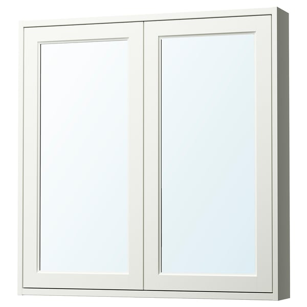 A TÄNNFORSEN white bathroom mirror cabinet with bevelled panels, featuring a shallow design for space efficiency.