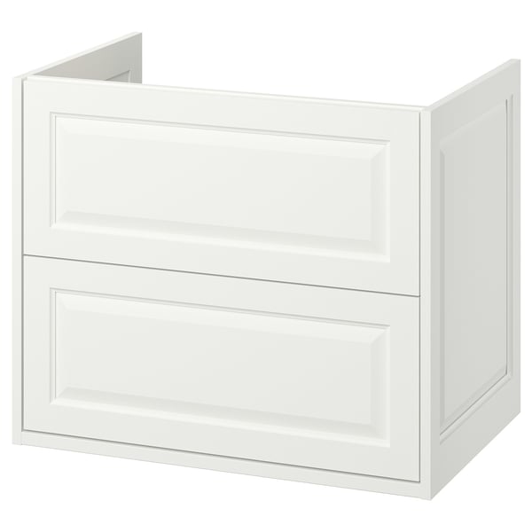 White TÄNNFORSEN bathroom cabinet with classic bevelled edges for stylish storage.