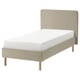 A beige upholstered bed frame, TÄRNKULLEN, with wooden legs, a padded headboard, and a white mattress.