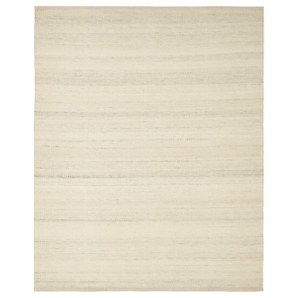 A beige, rectangular wool rug with a subtle texture.