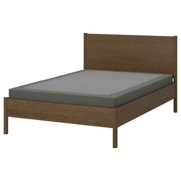 Minimalist TONSTAD bed, light brown, oak veneer, rectangular, with grey mattress.