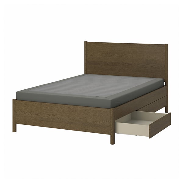 TONSTAD bed in walnut wood with grey mattress, featuring storage drawers and classic design.