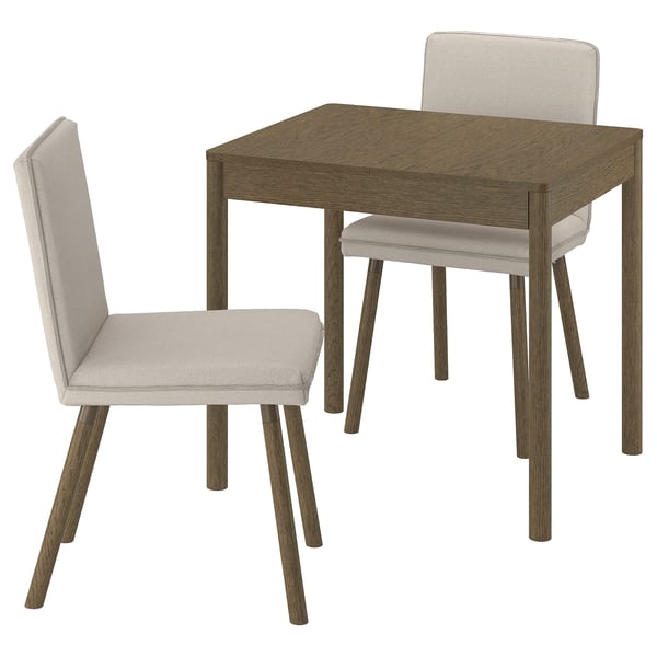 Small dining set with square table, two light grey chairs, wooden legs. Modern, minimalist design with padded seats.