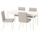Modern white dining set with four beige cushioned chairs and square table.