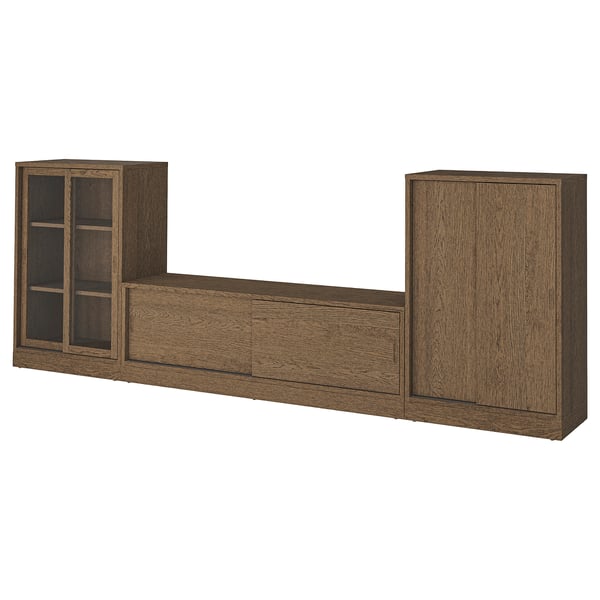 Dark brown TONSTAD tv stand with 2 sliding-door cabinets, open & closed storage.