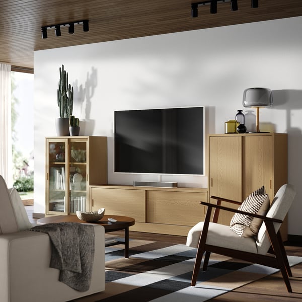 Modern living room with TONSTAD tv bench, glass doors, & oak cabinets. Tv, sofa, armchair, coffee table, rug, & cactus.