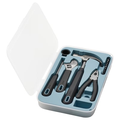 Light blue tool kit: hammer, wrench, pliers, screwdriver, durable, recycled, organised.