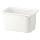 Displays a white TROFAST storage box made of durable recycled plastic, designed for organising toys and books.