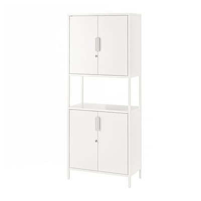 White TROTTEN metal storage unit with adjustable feet and doors.