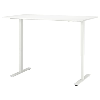 Adjustable white standing desk, TROTTEN model. Rectangular top, metal legs, crank handle for height adjustment.