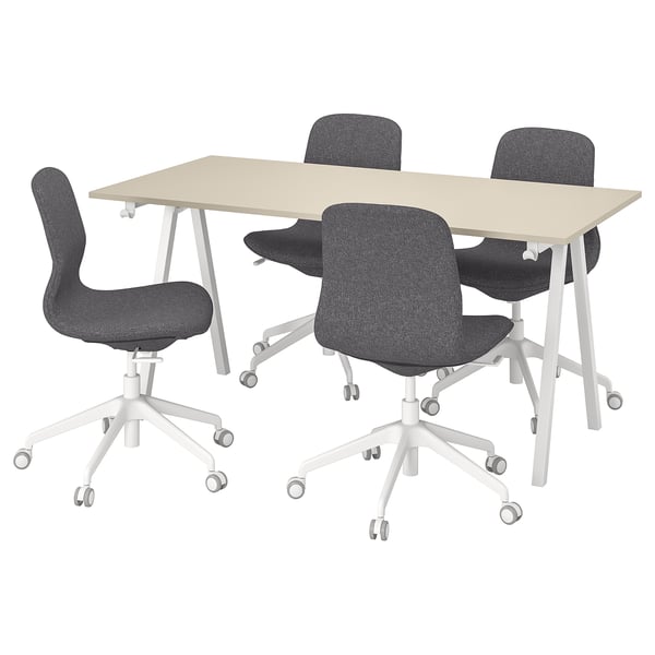 TROTTEN desk, light beige, white legs; swivel chairs, dark grey, white base.