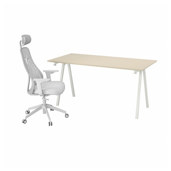 Workstation: white desk with light wood top and trotton white chair with mesh back and casters.