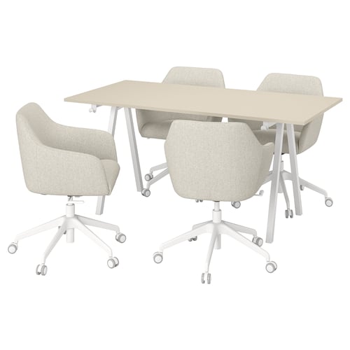 Modern office setup: beige desk with four matching chairs, all with white metal bases.