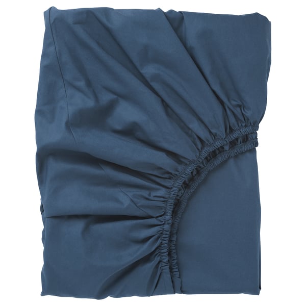 ULLVIDE navy blue fitted sheet, 85% cotton, 15% lyocell, ruched corners, dense weave.