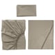 ULLVIDE bedding set in beige, including a flat sheet, fitted sheet, and pillowcase, displayed neatly.