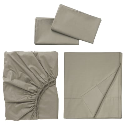 Image shows three light grey ULLVIDE bed linens: flat sheet, fitted sheet, and pillowcases, all neatly folded or displayed.
