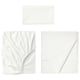 White ULLVIDE bed sheet set: flat, fitted sheets, and pillowcase. Crisp percale weave, 85% cotton, 15% lyocell. Elastic edges, matte finish.