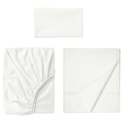 White ULLVIDE bed sheet set: flat, fitted sheets, and pillowcase. Crisp percale weave, 85% cotton, 15% lyocell. Elastic edges, matte finish.