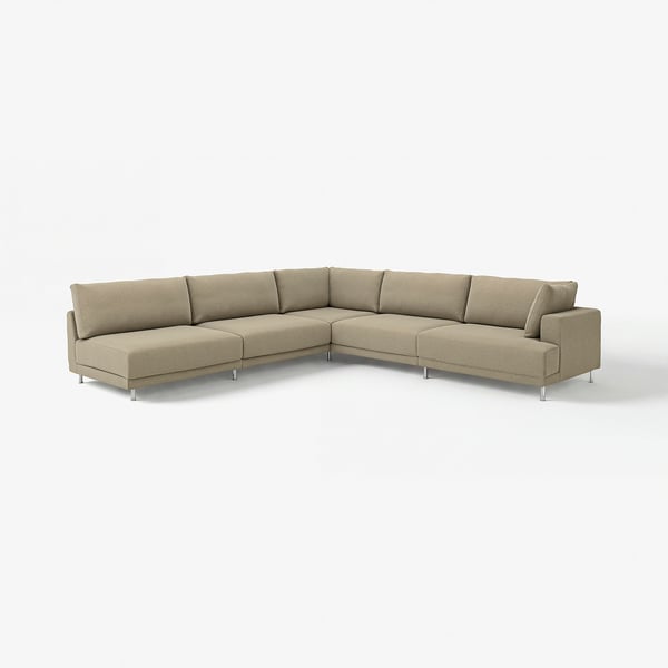 The UPPÅKRA sectional sofa is beige, modern, with plush cushions and metal legs, offering comfort and style.