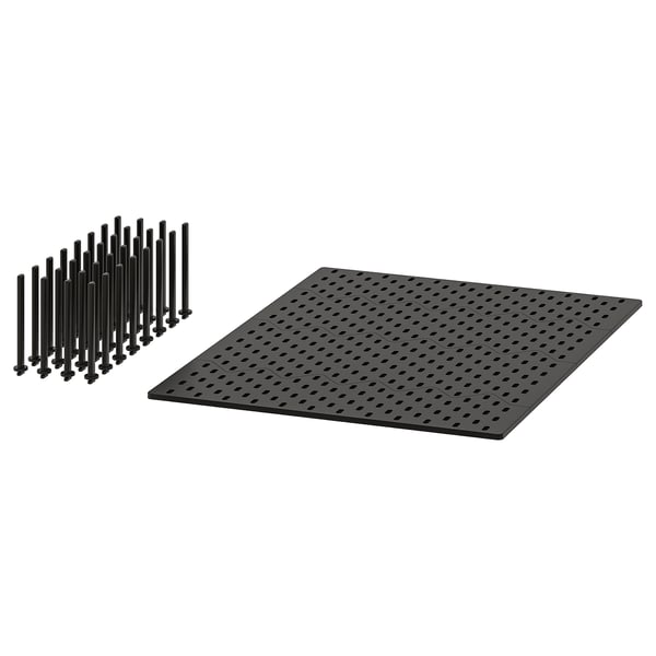 Black pegboard kit with 32 adjustable pegs, made from recycled abs plastic, for organising drawers.