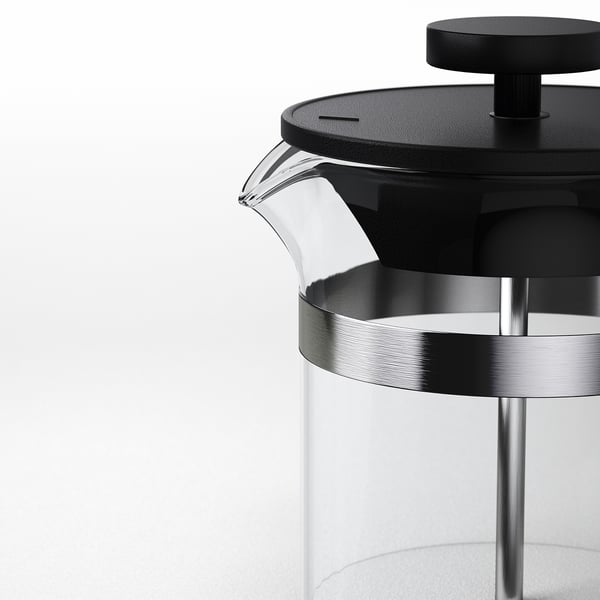 UPPHETTA: modern glass coffee/tea maker, sleek design, black plastic & stainless accents, smooth handle.