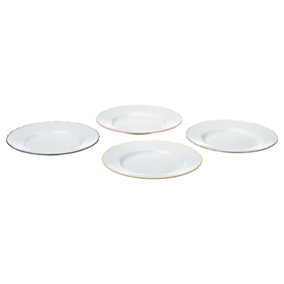 Four white UPPLAGA side plates in a row, each with different coloured rims: turquoise, red, gold, and blue.