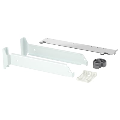 Displays UTRUSTA kitchen hardware in white, consisting of metal and plastic parts, essential for mounting drawers or cabinets.