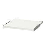 A white, rectangular pull-out kitchen shelf with metal runners. Its designed to extend and retract for extra workspace.