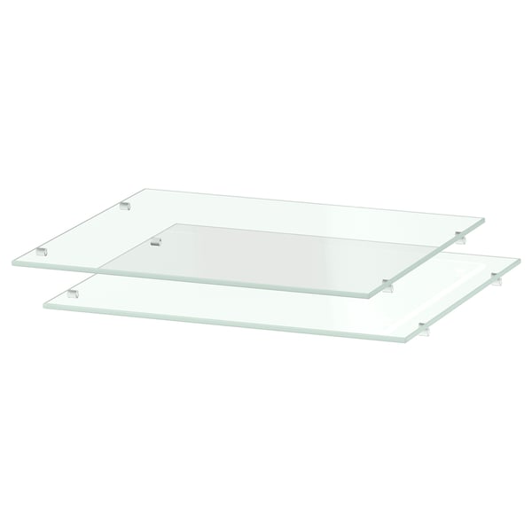 Two clear glass shelves with metal clips, rectangular shape, modern design.