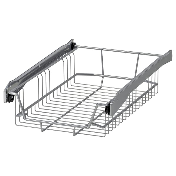 UTRUSTA silver wire storage basket, metallic, rectangular with pull-out feature for cabinet organisation.