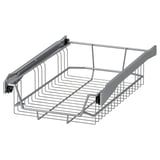 UTRUSTA silver wire storage basket, metallic, rectangular with pull-out feature for cabinet organisation.