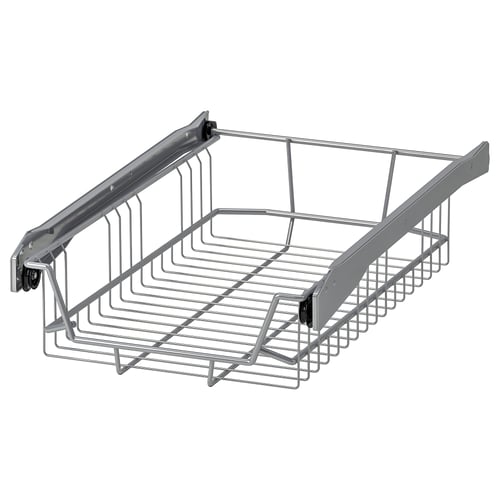 UTRUSTA silver wire storage basket, metallic, rectangular with pull-out feature for cabinet organisation.