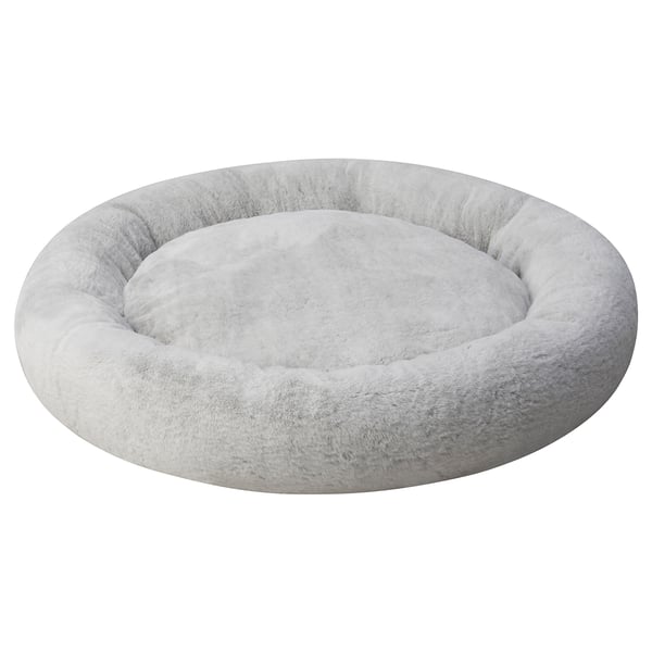 Light grey, soft, round pet bed, cosy, raised edge, faux fur-like fabric, calming.
