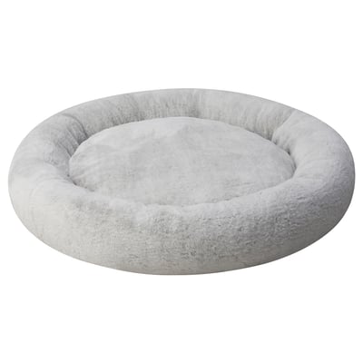 Light grey, soft, round pet bed, cosy, raised edge, faux fur-like fabric, calming.